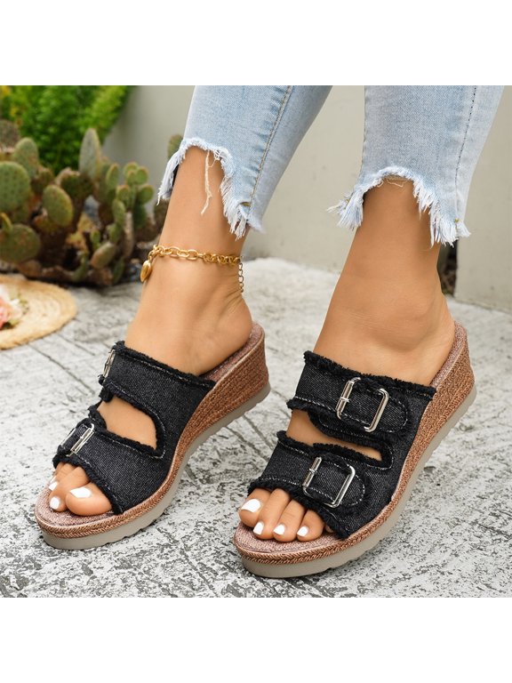 Women's Wedge Denim Buckle Slide Sandals Fashion Fish Mouth Open Toe Faux Light Platform Heeled Comfort Dressy Mule Slides for Beach Vacation Daily Wear