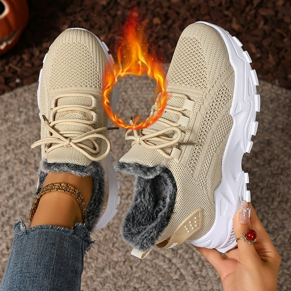 Willtoo Women's Winter Warm Lace Up Sneakers Fur Lined Walking Shoes Lightweight Comfortable Casual Running Shoes for Outdoor Indoor Wear Khaki