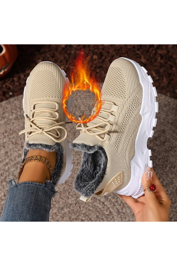 Women's Winter Warm Lace Up Sneakers Fur Lined Walking Shoes Lightweight Comfortable Casual Running Shoes for Outdoor Indoor Wear Khaki