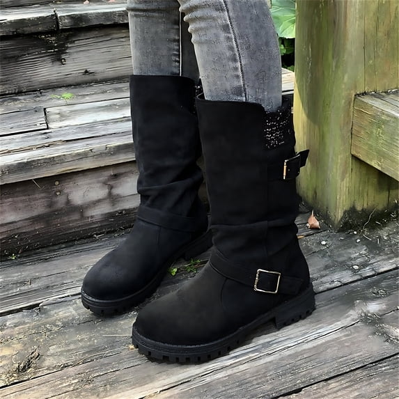 Willtoo Women's Winter Warm Wide Width Suede Boots Lace-up Pull On Fashion Casual Slouchy Booties Classic Platform Non-Slip Comfortable Mid Calf Shoes