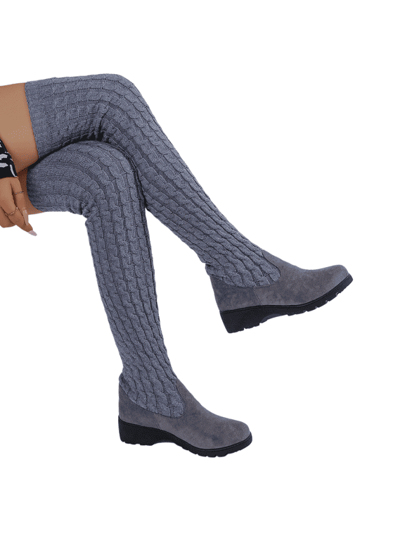 Women's Wool Knee High Boots Round Toe Platform Wedge Chunky Boots Fashion Comfortable Warm Walking Shoes for Fall Winter Daily Wear