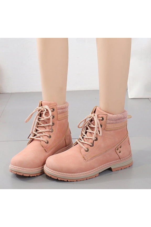 Women's Work Waterproof Hiking Combat Boots Lace up Low Heel Booties Ankle Boots Pink