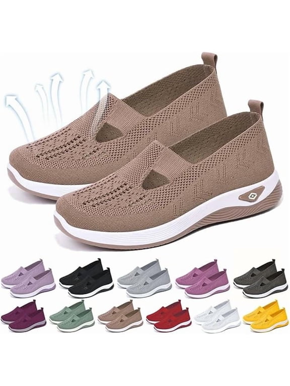 Women's Woven Orthopedic Breathable Soft Shoes Go Walking Slip on Foam Shoes Hands Free Slip in Sneakers Arch Support Khaki