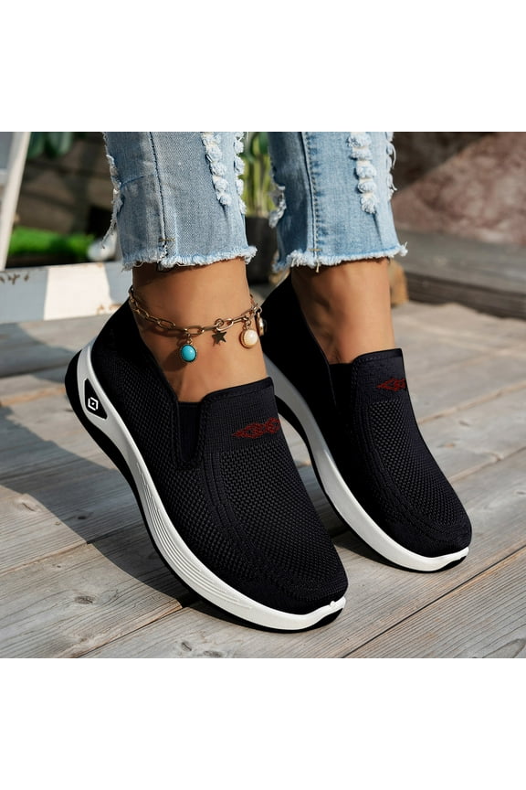 Women's Woven Orthopedic Breathable Soft Shoes, Lightweight Comfortable Mesh Stretch Sneakers,Go Walking Slip on Diabetic Foam Shoes Black US-7(EU-38)