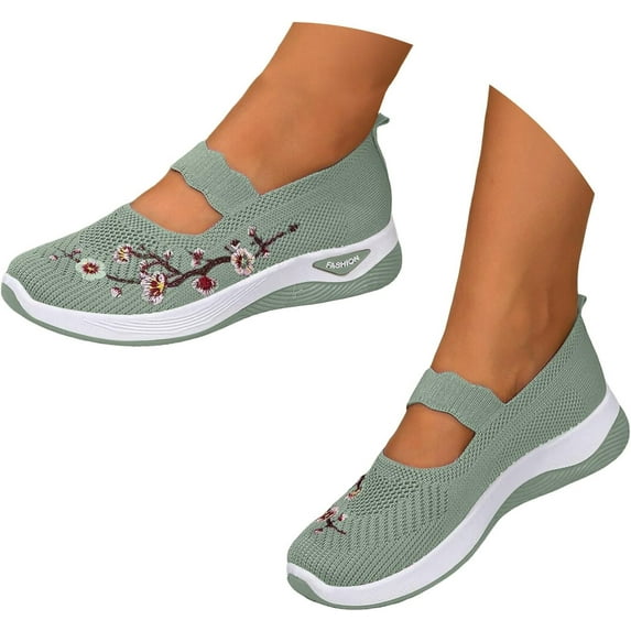 Willtoo Women's Woven Orthopedic Breathable Soft Shoes, Lightweight Comfortable Mesh Stretch Sneakers,Go Walking Slip on Diabetic Foam Shoes Green 5 Wide