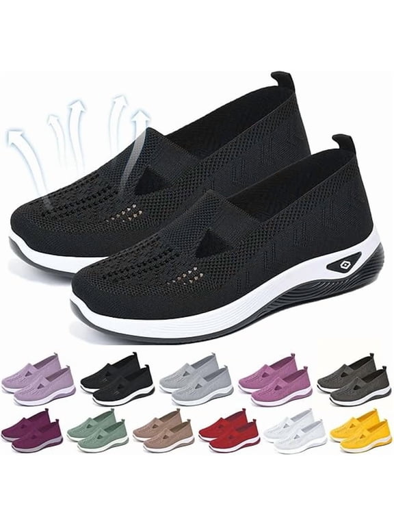 Women's Woven Orthopedic Breathable Soft Shoes, Lightweight Comfortable Mesh Stretch Sneakers,Go Walking Slip on Foam Shoes Black