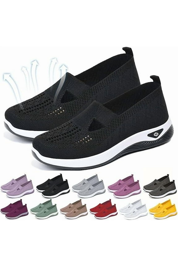 Women's Woven Orthopedic Breathable Soft Shoes, Lightweight Comfortable Mesh Stretch Sneakers,Go Walking Slip on Diabetic Foam Shoes Black
