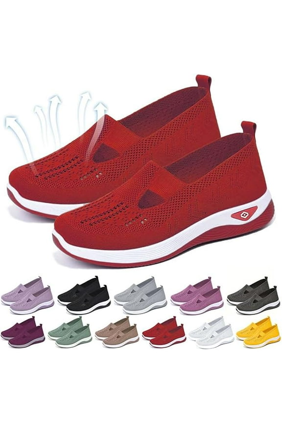 Women's Woven Orthopedic Breathable Soft Shoes, Memory Foam Go Walk Slip on Shoes, Hands Free Slip in Sneakers Arch Support Red