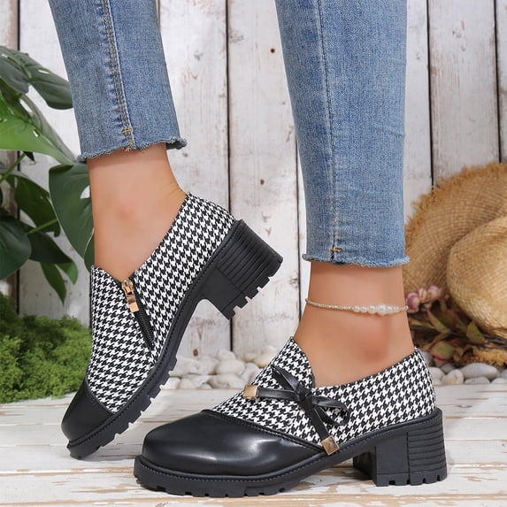 Willtoo Women's chunky PU Faux Leather Shoes with Bow Slip On Casual Daily Wear Loafers Rubber Sole Cute Casual Dress Footwear