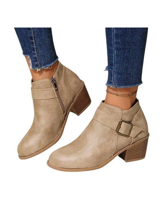 Womens Ankle Booties Round Toe Buckle Strap Short Boots with Side Zipper Chunky Block Heel Casual Boots for Daily Wear