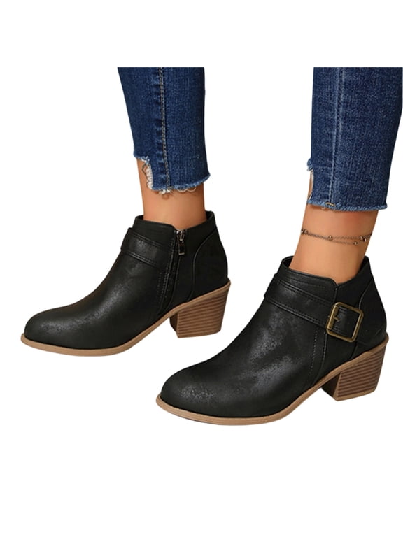 Womens Ankle Booties Round Toe Buckle Strap Short Boots with Side Zipper Chunky Block Heel Casual Boots for Daily Wear