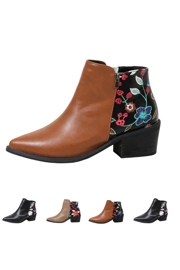 Womens Ankle Boots Boho Floral Printed Patchwork Pointed Toe Fall Winter Side Zipper Block Heel Short Booties