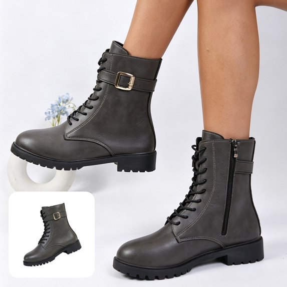 Willtoo Womens Ankle Boots Buckle Decor Lace Up Side Zipper Booties Low Block Heel Lug Sole Casual Short Boots for Winter Daily Wear