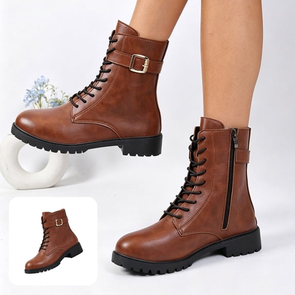 Willtoo Womens Ankle Boots Buckle Decor Lace Up Side Zipper Booties Low Block Heel Lug Sole Casual Short Boots for Winter Daily Wear