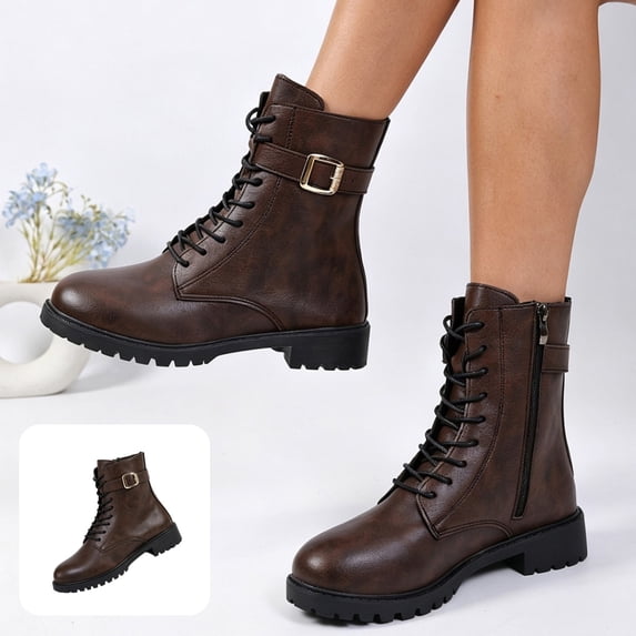 Willtoo Womens Ankle Boots Buckle Decor Lace Up Side Zipper Booties Low Block Heel Lug Sole Casual Short Boots for Winter Daily Wear