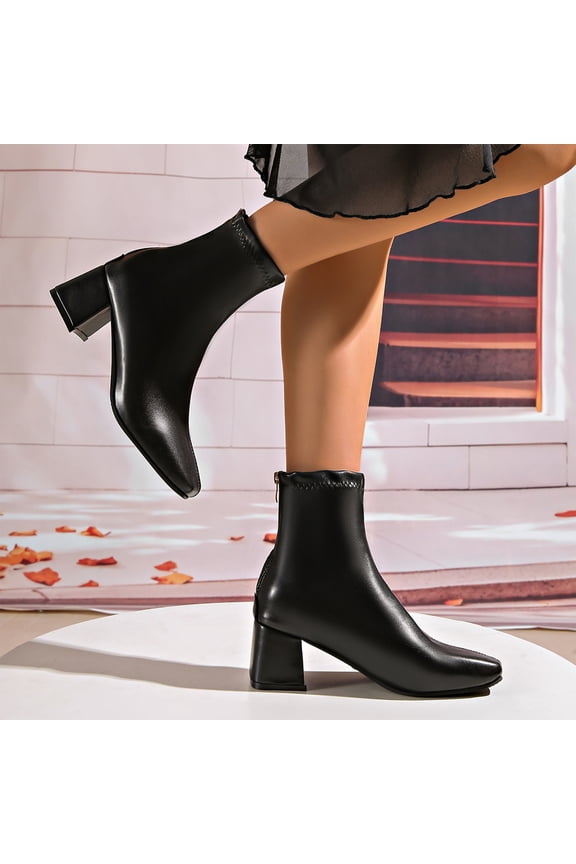 Womens Ankle Boots Chunky Mid Heel Booties Retro Square Pointed Toe Side Zipper Short Boots Heeled Shoes for Women Fall Winter