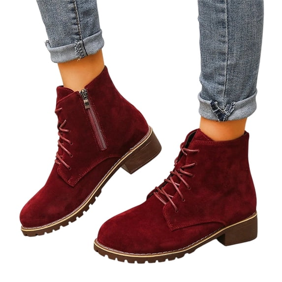Willtoo Womens Ankle Boots Round Toe Lace‑Up Combat Booties with Side Zipper Low Block Heel Casual Short Boots for Daily Wear