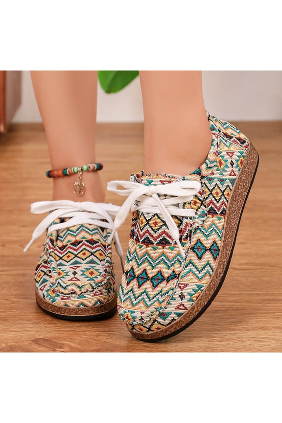 Womens Boho Fashion Sneakers Low Top Canvas Casual Shoes Lace Up Fashion Comfortable Walking Shoes