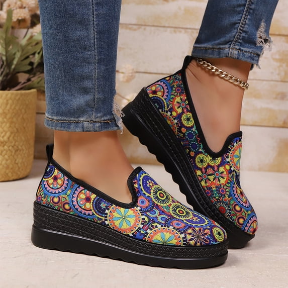 Willtoo Womens Boho Slip On Platform Loafer Round Toe Breathable Canvas Lightweight Daily Footwear Slip Resistant Low Wedge Casual Footwear