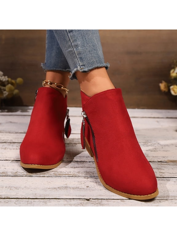 Womens Boots Fall 2026 Ankle Booties Vintage Slip on Round Toe Side Zipper Chunky Block Mid Heel Booties