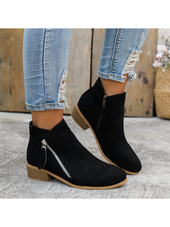 Womens Boots Fall 2026 Ankle Booties Vintage Slip on Round Toe Side Zipper Chunky Block Mid Heel Booties
