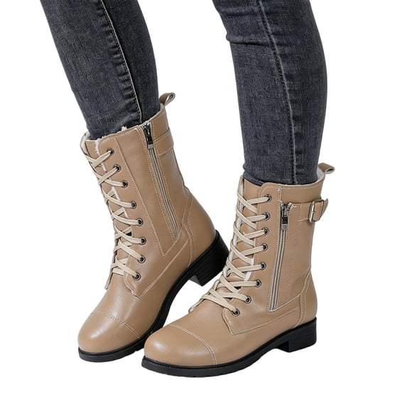 Willtoo Womens Boots Lace Up Side Zipper Buckle Warm Winter Ankle Booties Low Block Heel Waterproof Faux Leather Cold Weather Walking Boots