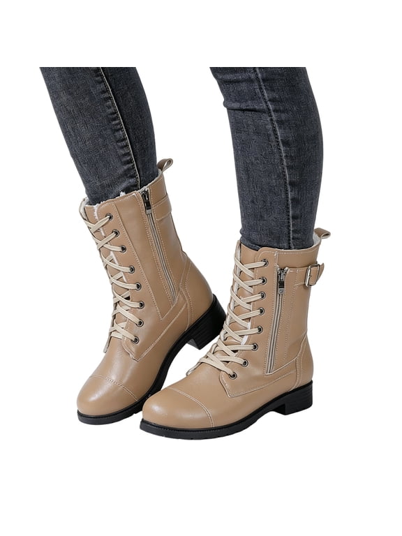 Womens Boots Lace Up Side Zipper Buckle Warm Winter Ankle Booties Low Block Heel Waterproof Faux Leather Cold Weather Walking Boots