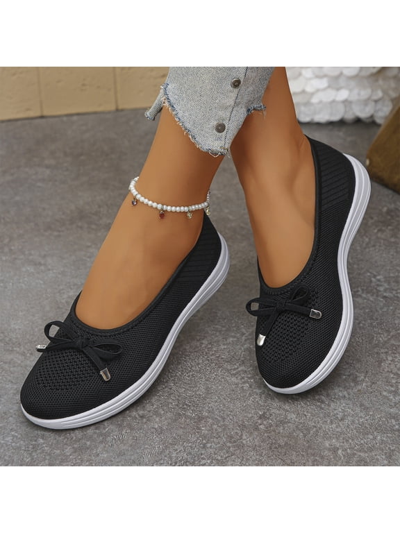 Womens Breathable Knit Mesh Slip On Loafers Casual Bow Ballet Flats Shoe Comfortable Round Toe Lightweight Orthopedic Low Top Nurse Walking Shoe