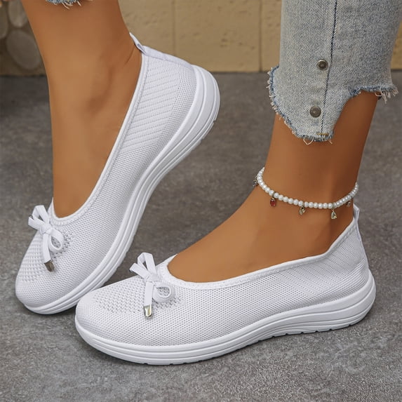 Willtoo Womens Breathable Knit Mesh Slip On Loafers Casual Bow Ballet Flats Shoe Comfortable Round Toe Lightweight Orthopedic Low Top Nurse Walking Shoe