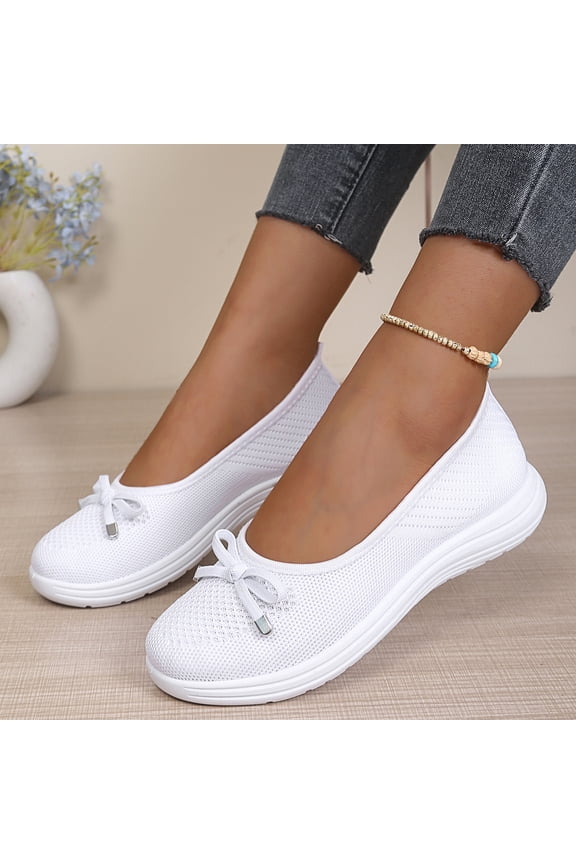 Womens Breathable Knit Mesh Slip On Loafers Casual Bow Ballet Flats Shoe Comfortable Round Toe Lightweight Orthopedic Low Top Nurse Walking Shoe