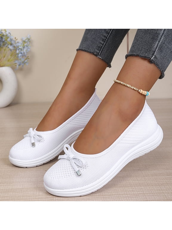 Womens Breathable Knit Mesh Slip On Loafers Casual Bow Ballet Flats Shoe Comfortable Round Toe Lightweight Orthopedic Low Top Nurse Walking Shoe