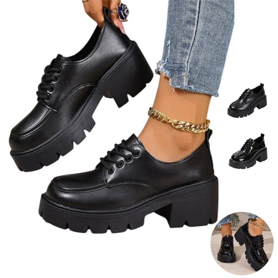 Willtoo Womens British‑Inspired Lace‑Up Walking Shoes Round‑Toe Chunky Lug‑Sole Low‑Top Block‑Heel Fashion Footwear for Daily Wear