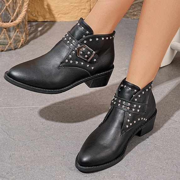 Willtoo Womens Chunky Heel Pointed Toe Short Boots Ankle Boots Buckle Strap Dress Shoes
