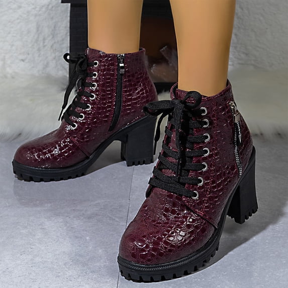 Willtoo Womens Chunky Lace Up Boots Platform High Heel Side Zipper Ankle Booties Fashion Autumn Winter Non Slip Shoes