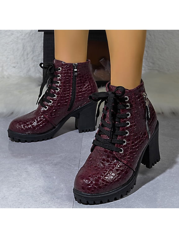 Womens Chunky Lace Up Boots Platform High Heel Side Zipper Ankle Booties Fashion Autumn Winter Non Slip Shoes