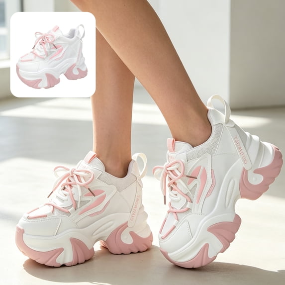 Willtoo Womens Chunky Platform Sneakers Lace Up Color Block High Heel Casual Shoes Fashion Thick Sole Comfort Walking Shoes