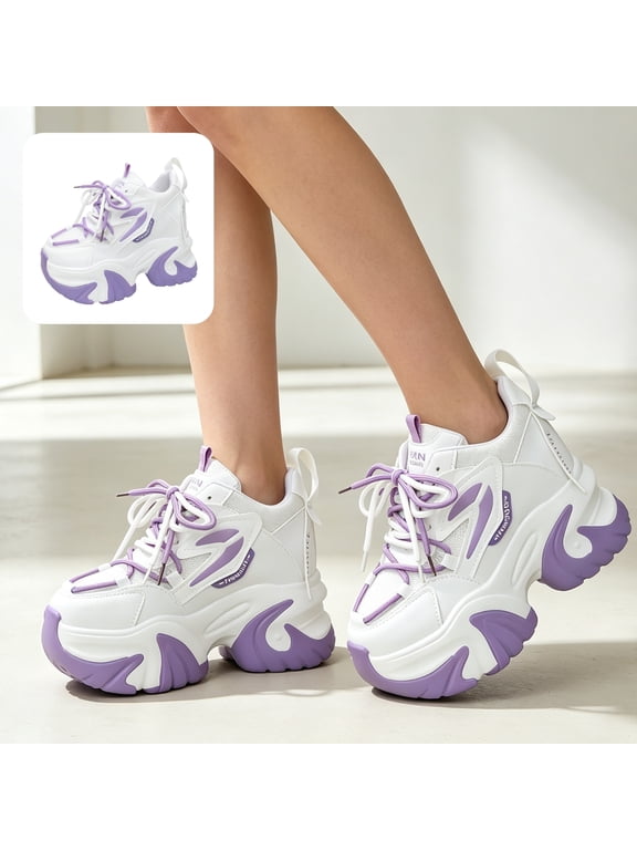 Womens Chunky Platform Sneakers Lace Up Color Block High Heel Casual Shoes Fashion Thick Sole Comfort Walking Shoes