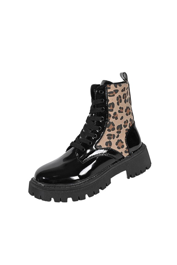 Womens Combat Ankle Boots Low Chunky Heels Lace up Short Boot Round Toe Cowboy Leopard Boots