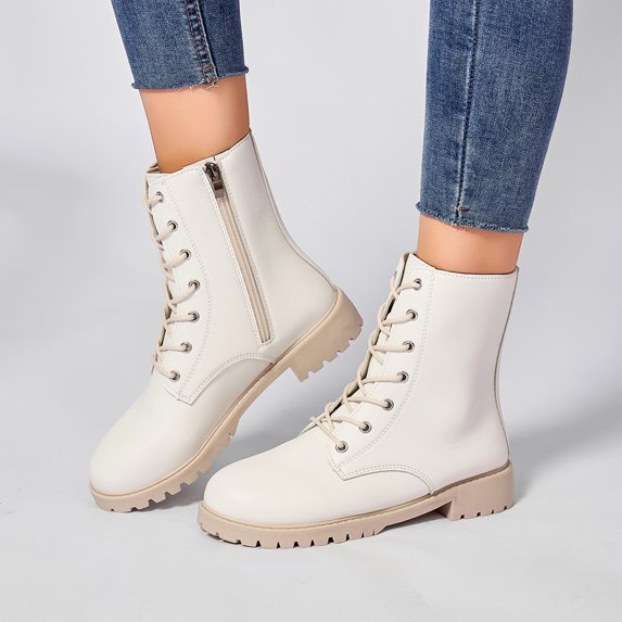 Willtoo Womens Combat Boots Round Toe Lace Up Side Zipper Mid Heel Ankle Boots Vintage British Style Fashion Non Slip Booties