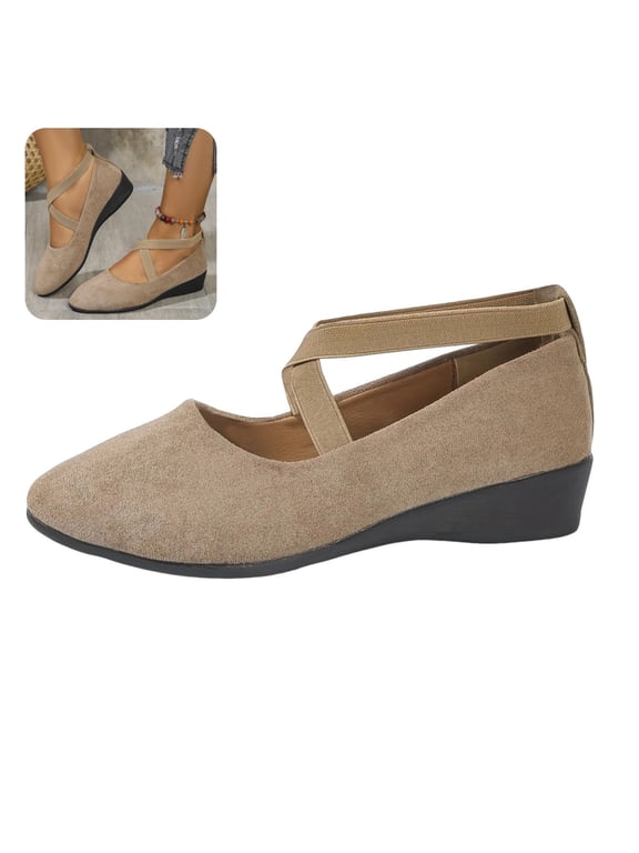 Womens Crisscross Elastic Strap Wedge Flats Comfort Slip‑On Mary Jane Shoes Soft Lightweight Non‑Slip Round Toe Casual Walking Shoes