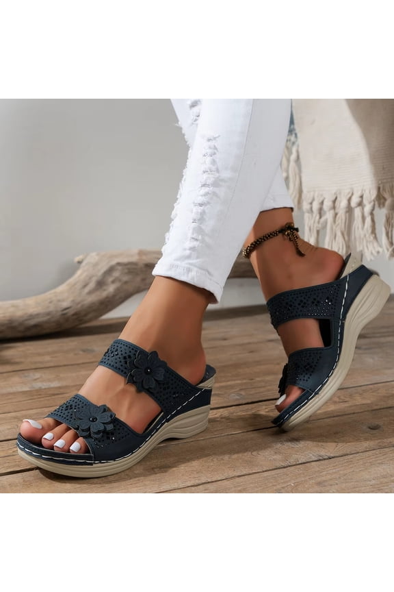 Womens Dressy Summer Flat Sandals Arch Support Fashion Orthotic Comfy Slip On Vintage Flower Platform Strapless Wedge Navy US-9(EU-42)