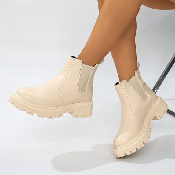 Willtoo Womens Faux Leather Slip On Chunky Platform Boots Round Toe lug sole Work Dress Casual Non Slip Ankle Boots