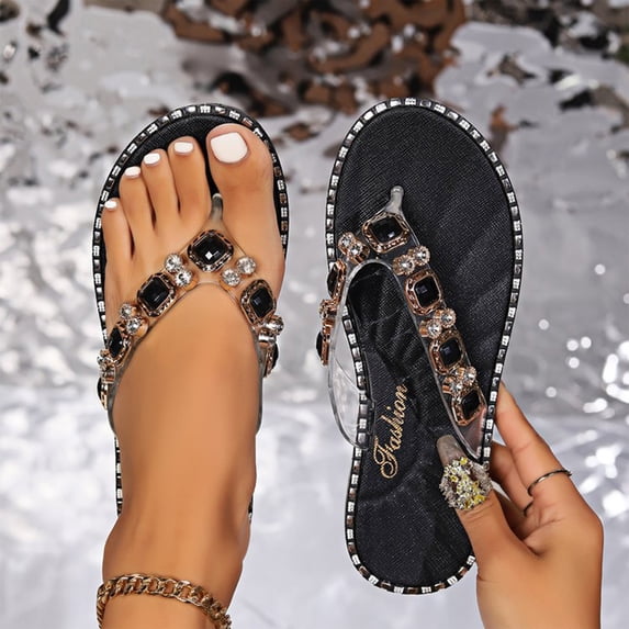 Willtoo Womens Flip Flops Sandals Bohemian Rhinestone Open Toe Casual Flats Sandals Comfort Beach Flat Walking Shoes