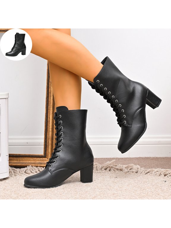 Womens Front Lace Up Combat Ankle Booties, Round Toe Chunky Block Heel Short Boots, Faux Leather Fashion Dress Boots