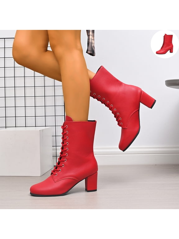 Womens Front Lace Up Combat Ankle Booties, Round Toe Chunky Block Heel Short Boots, Faux Leather Fashion Dress Boots