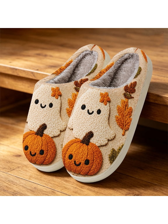 Womens Halloween Slippers Pumpkin Ghost Print Warm Fuzzy Non Slip Fall Shoes