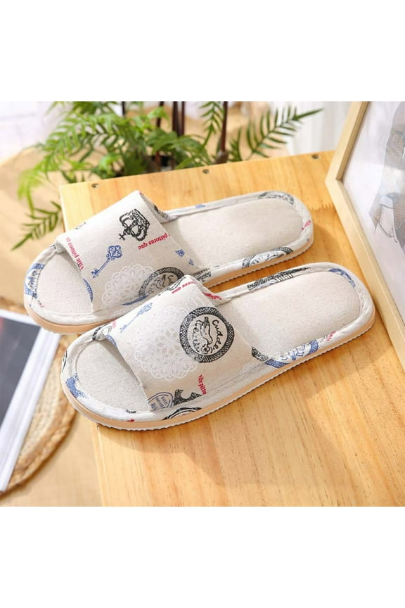 Womens House Slippers, Open Toe Memory Foam Washable Non-Slip Scuff Linen Printing Slippers, Cute Comfy Classic Japanese Slip On Autumn Winter Bedroom Indoor Slide Blue 9
