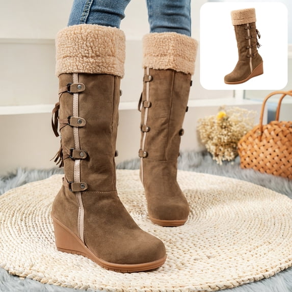 Willtoo Womens Knee High Boots Fuzzy Cuff Lace Up Wedge Heel Tall Boots Fashion Warm Snow Boot for Casual Outdoor Fall & Winter Wear