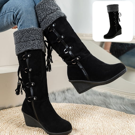 Willtoo Womens Knee High Boots Fuzzy Cuff Lace Up Wedge Heel Tall Boots Fashion Warm Snow Boot for Casual Outdoor Fall & Winter Wear