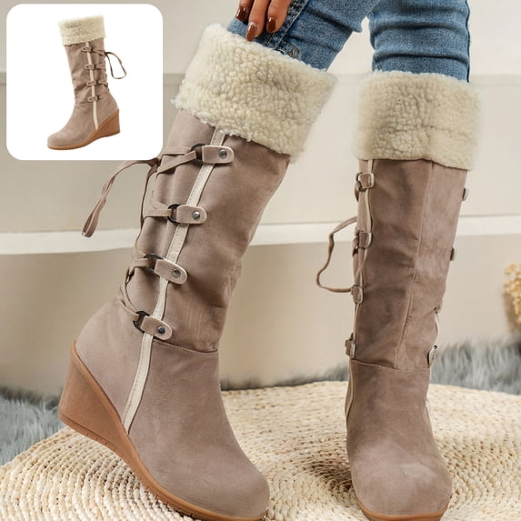 Willtoo Womens Knee High Boots Fuzzy Cuff Lace Up Wedge Heel Tall Boots Fashion Warm Snow Boot for Casual Outdoor Fall & Winter Wear